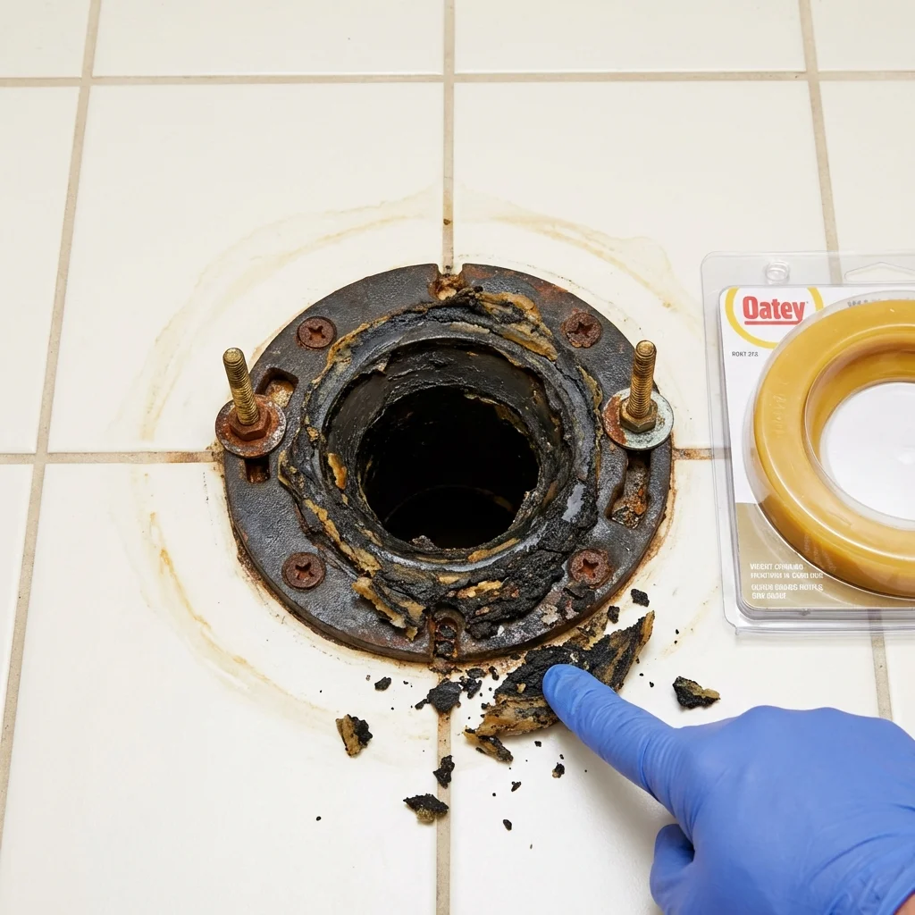 Failed wax ring showing water seepage at the base of a toilet in a Garden City, MO home