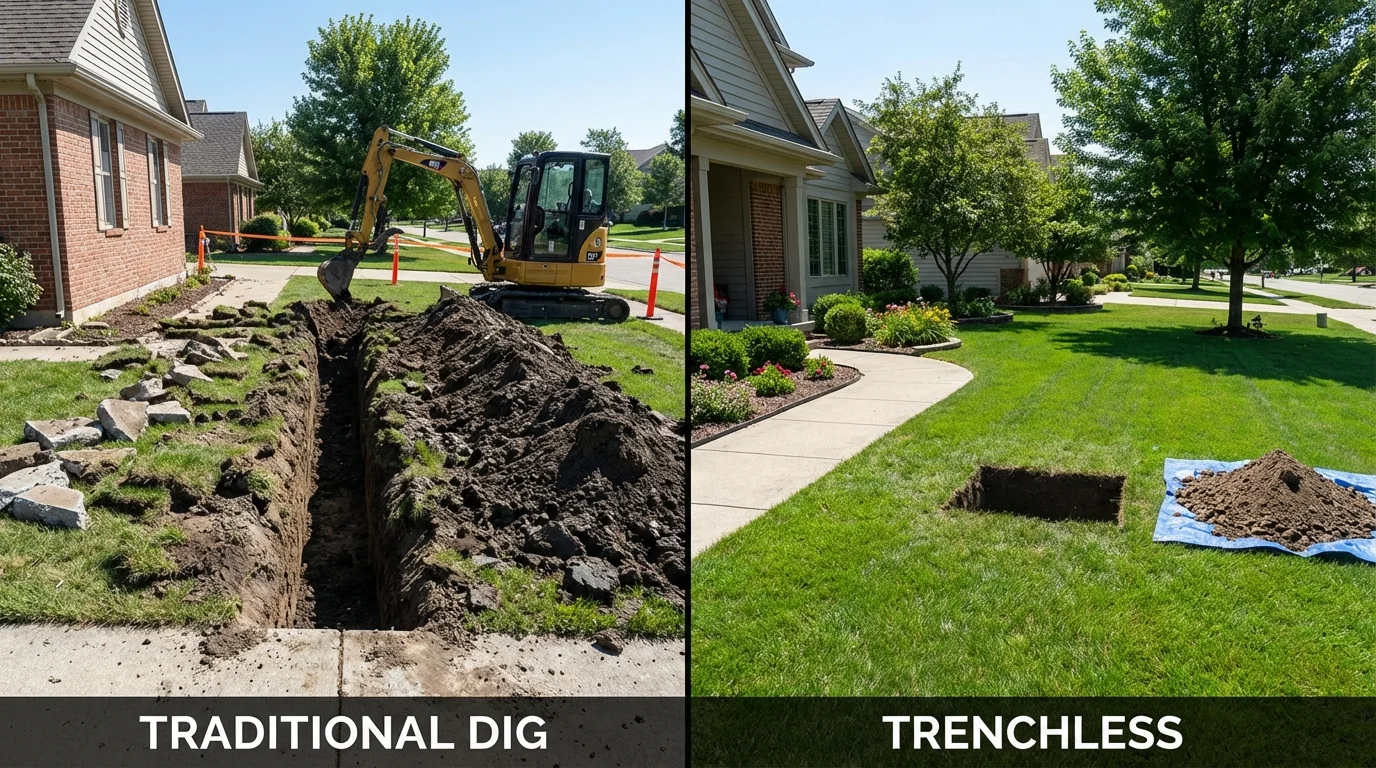 Trenchless sewer repair with minimal yard damage versus traditional excavation in Garden City, MO
