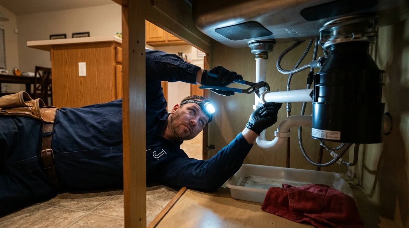 P-trap and supply line connections under a kitchen sink showing a common leak point in Garden City, MO